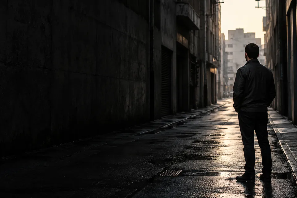 Homem de costas diante de uma passagem urbana iluminada.